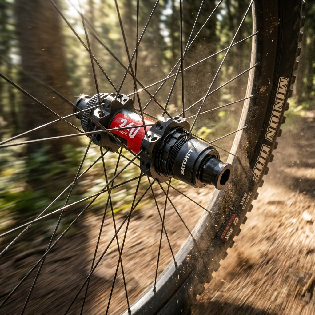 DT Swiss 240 EXP Ratchet EXP MTB Hinterradnabe schwarz auf Schotterweg.