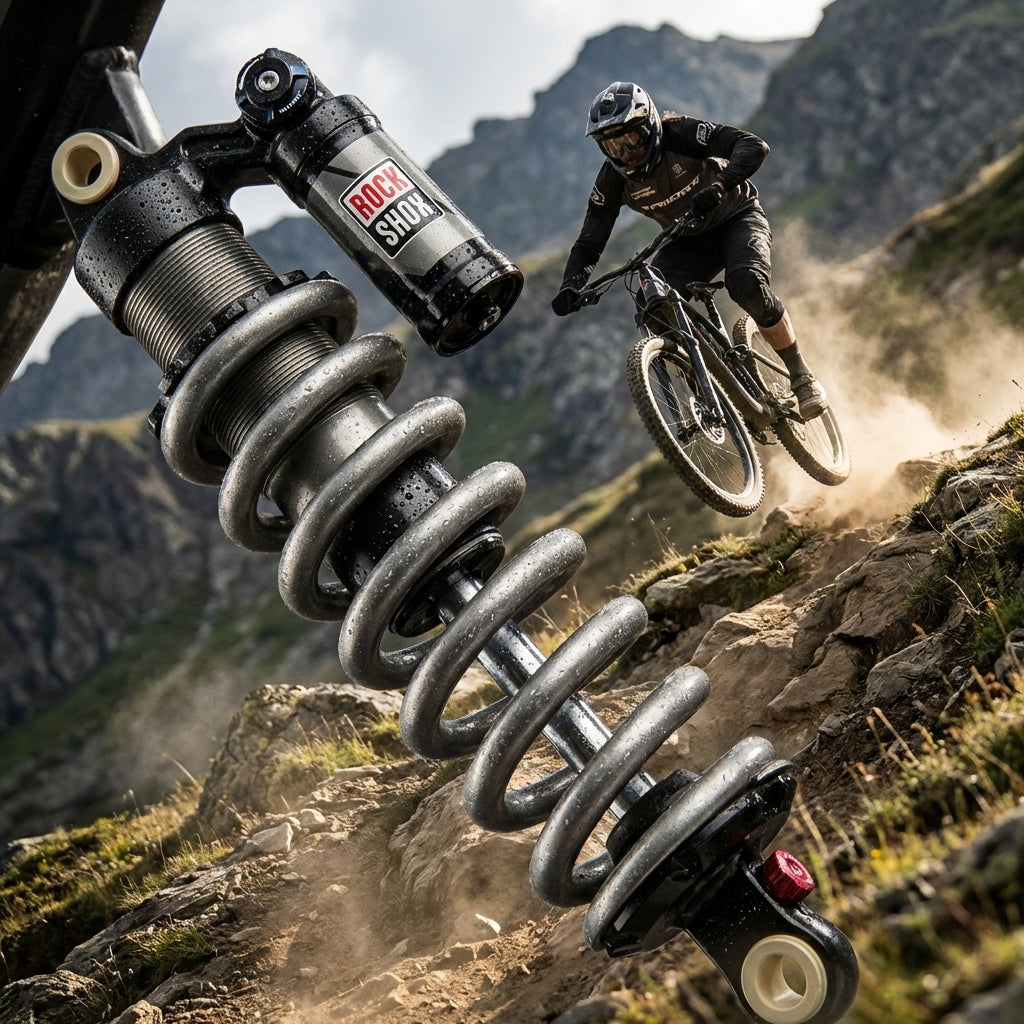 Rockshox Feder für HR-Dämpfer grau im Vordergrund, Mountainbiker springt auf felsigem Trail.