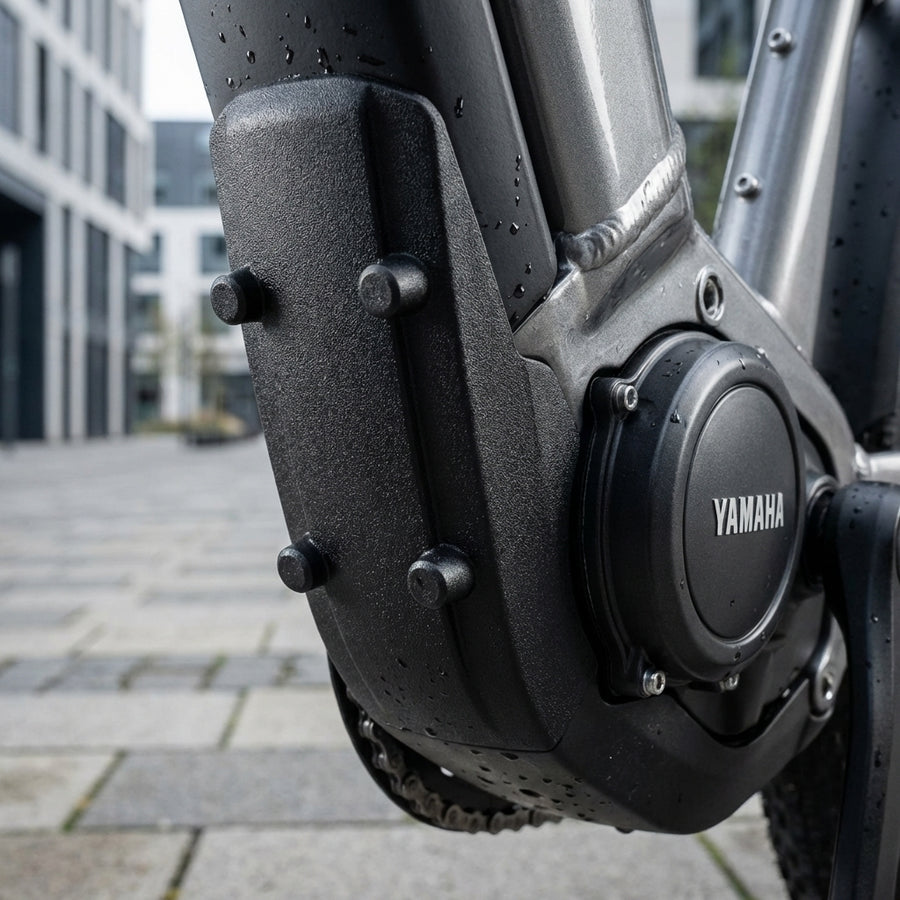 Yamaha Abdeckung Rahmenschloss für Mittelmotorsystem X942+X943 2015 am E-Bike, schwarz, mit Wassertropfen.