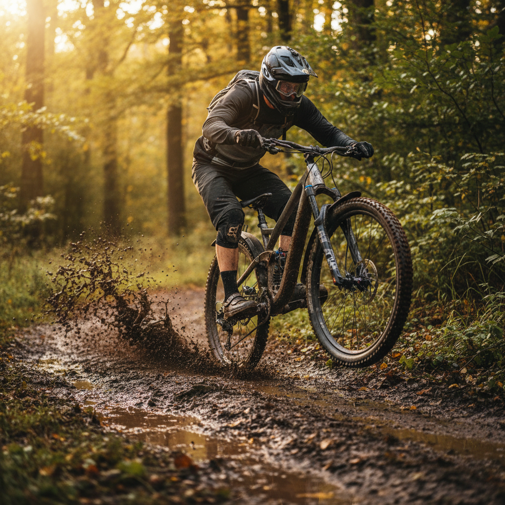 Mountainbiker fährt durch Matsch, Hebie Schutzblech-Set Natter 24 Zoll schützt vor Spritzern.