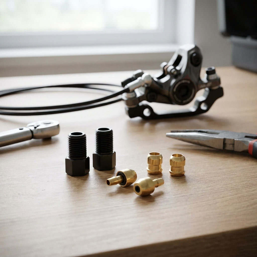 XLC Anschlusskit für Hayes Scheibenbremsleitung: Fittings, Bremssattel und Werkzeug auf Holz.