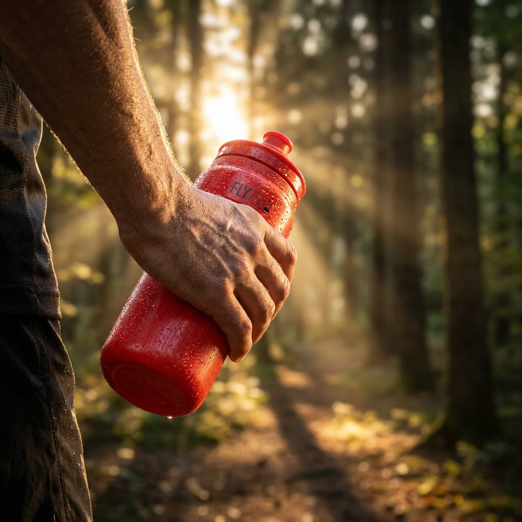 Rote Elite Fly Tex 750ml Trinkflasche, nass, in Hand eines Radfahrers auf sonnigem Waldweg.
