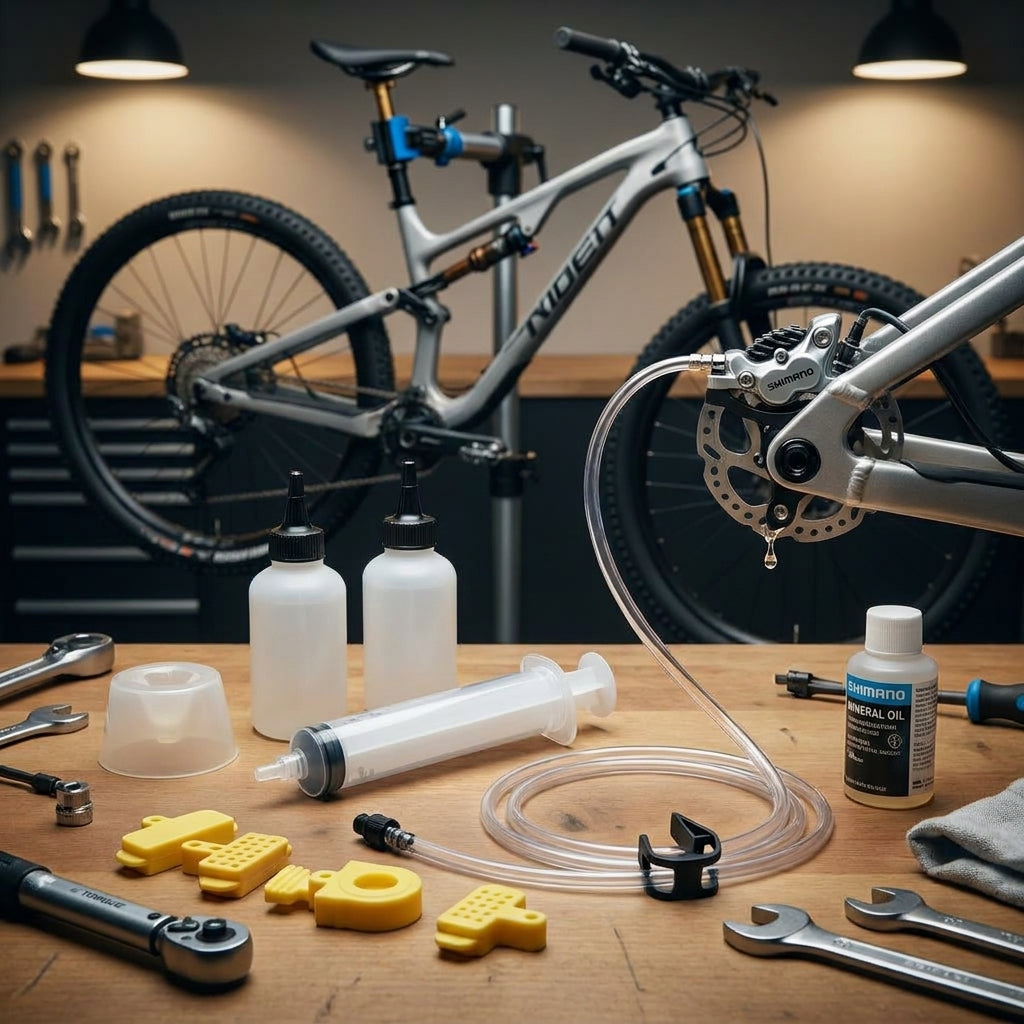SHIMANO Entlüftungskit TL-BR001/002/003 beim Entlüften einer Fahrradscheibenbremse mit Mineralöl und Werkzeug.