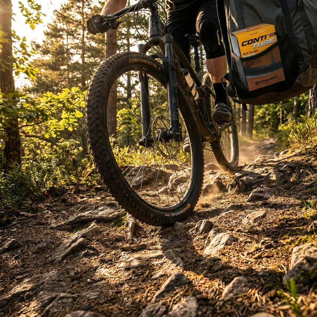 Mountainbiker auf steiniger Piste mit Continental Reifen, im Rucksack ein Conti MTB 28/29 light Schlauch.
