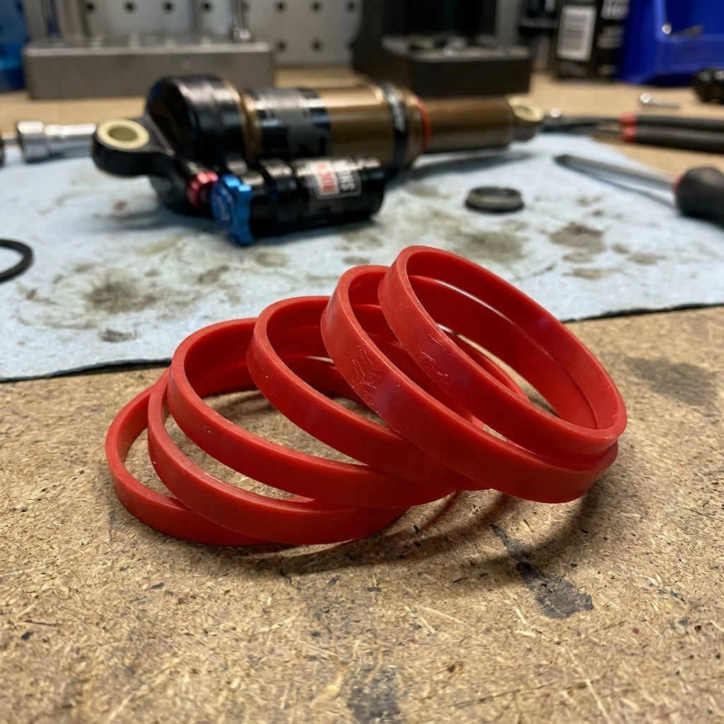 Rotes Bottomless Ring Kit für RockShox Monarch/Vivid Air Dämpfer auf einer Werkbank.