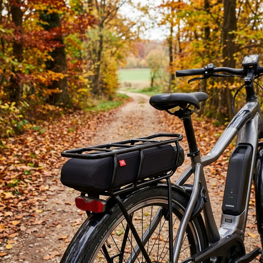 Fahrer Akkuschutz für Shimano Steps E6000 Gepäckträgerakku am E-Bike im Herbstwald.