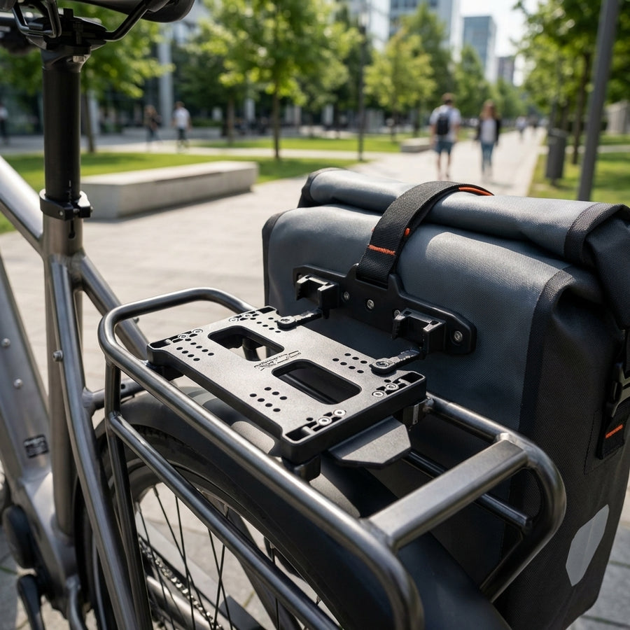 XLC Adapterplatte carry more II für XLC Systemgepäckträger & 5:1 mit Tasche am Fahrrad.