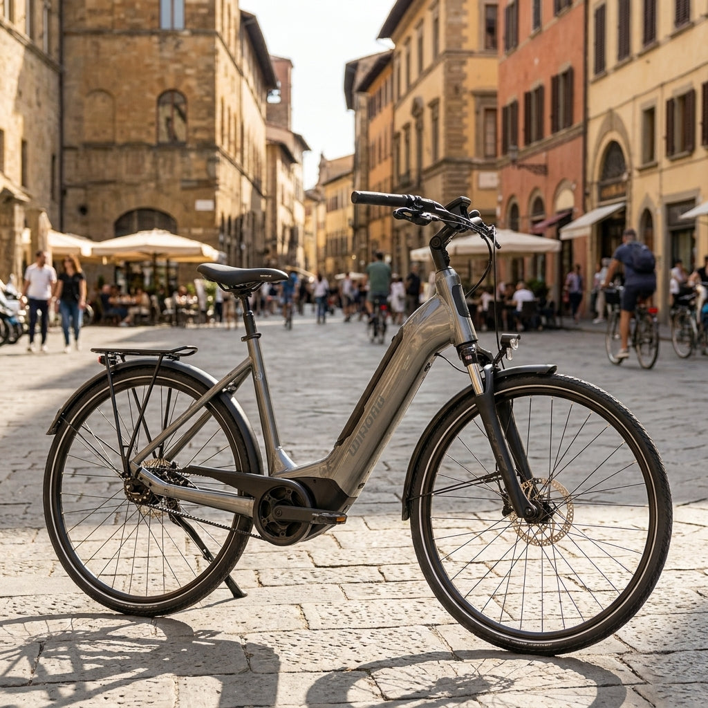 Winora TRIA R8 LOW Tiefeinsteiger E-Bike (grau) in Stadtkulisse auf Kopfsteinpflaster.