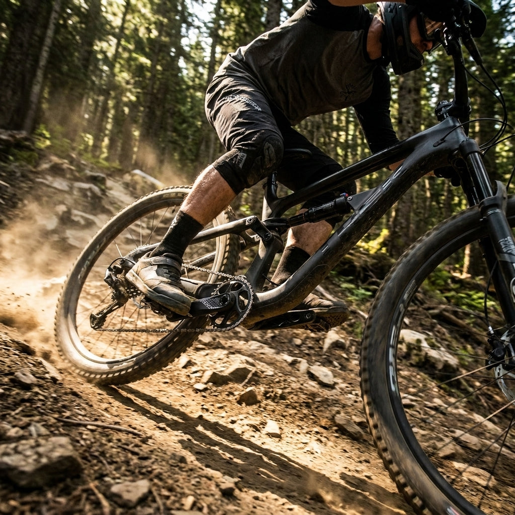 Truvativ Desc.6K Eagle DUB Kurbelgarnitur an Mountainbike in Aktion, schwarzes Alu, 32 Zähne X-Sync2.