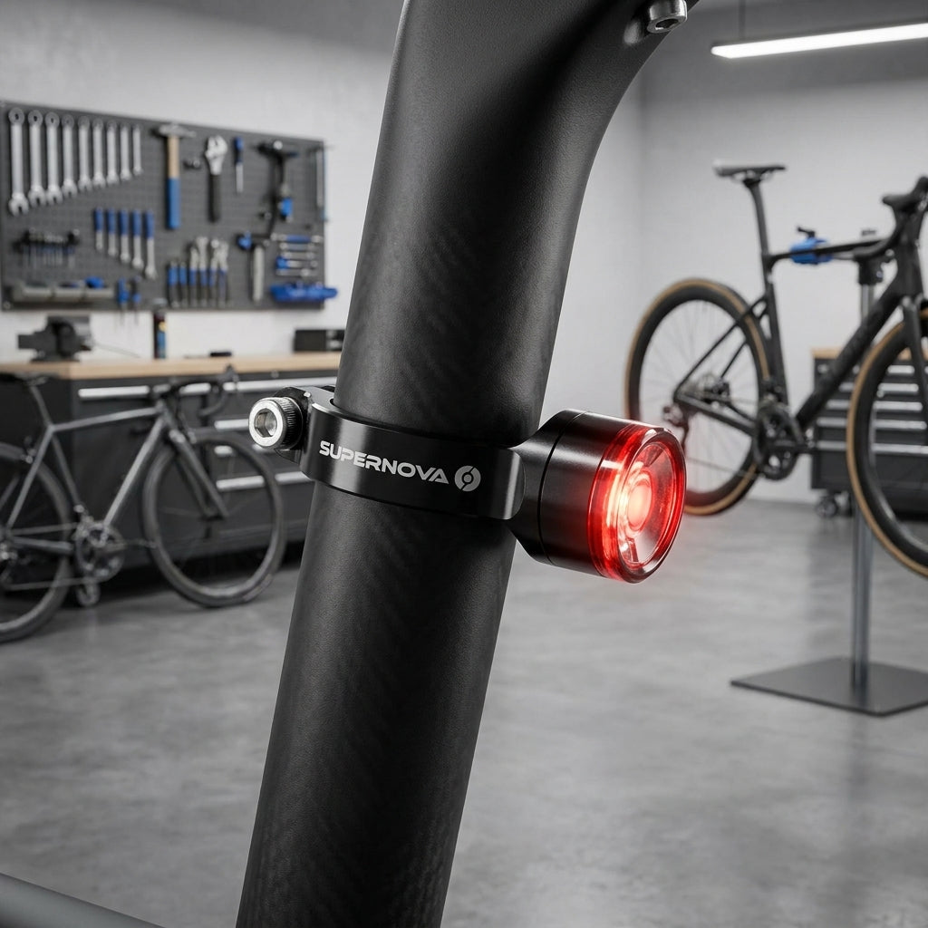 Schwarze Supernova Sattelklemme 31,6mm mit leuchtendem Rücklicht am Fahrrad-Sattelrohr für sichere, elegante Montage.