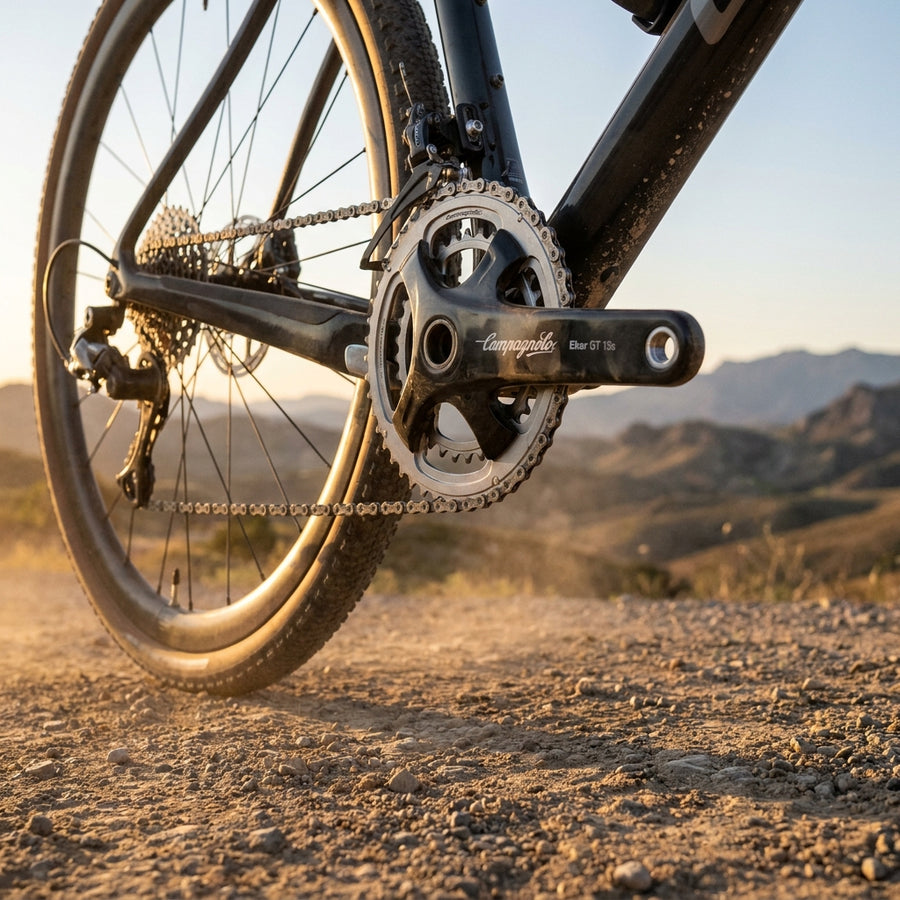 Campagnolo Ekar GT 13s Kurbelgarnitur an einem Gravel-Bike auf staubiger Straße. Präziser 13-fach Antrieb für Abenteuer.