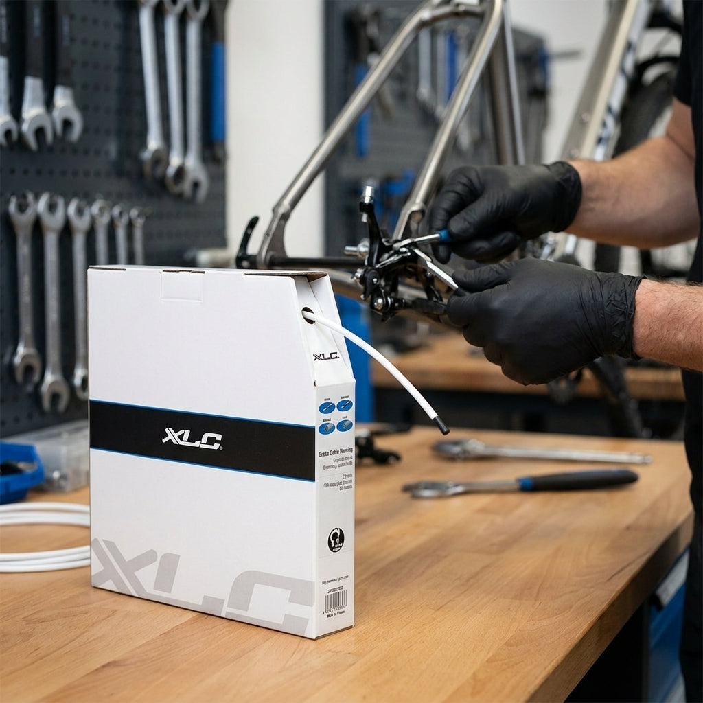 Weißer XLC BR-X19 Bremsaussenhülle Dispenser 50m auf Werkbank, Mechaniker repariert Fahrradbremse.