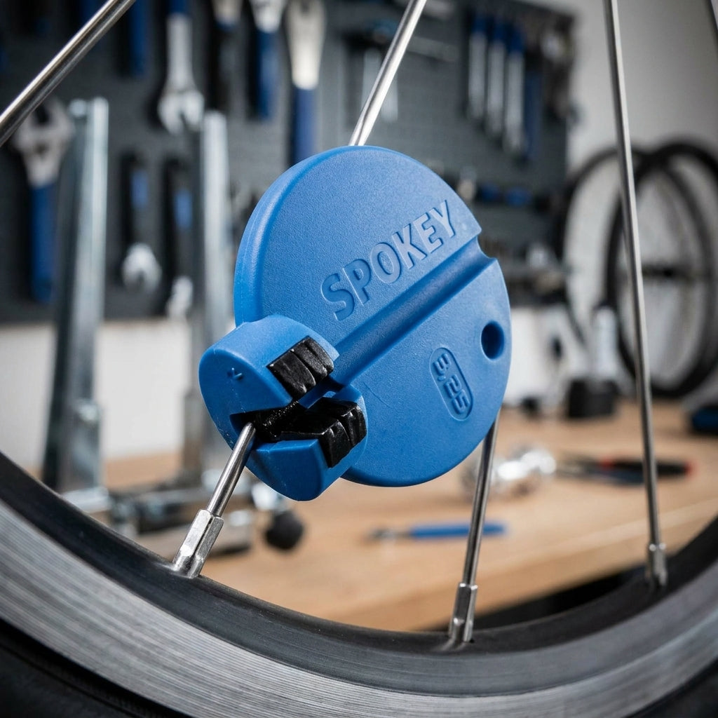 Blauer KlickFix Nippelspanner SPOKEY-Profi 3,25mm an Fahrradspeiche auf einem Fahrradrad im Detail.