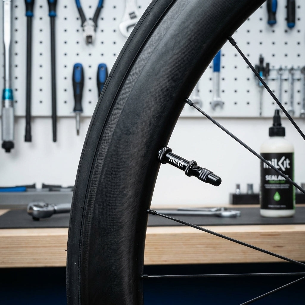 milKit DV7 Tubeless-Ventile 75mm am schwarzen Fahrradlaufrad für einfaches Dichtmilch-Nachfüllen ohne Luftverlust.