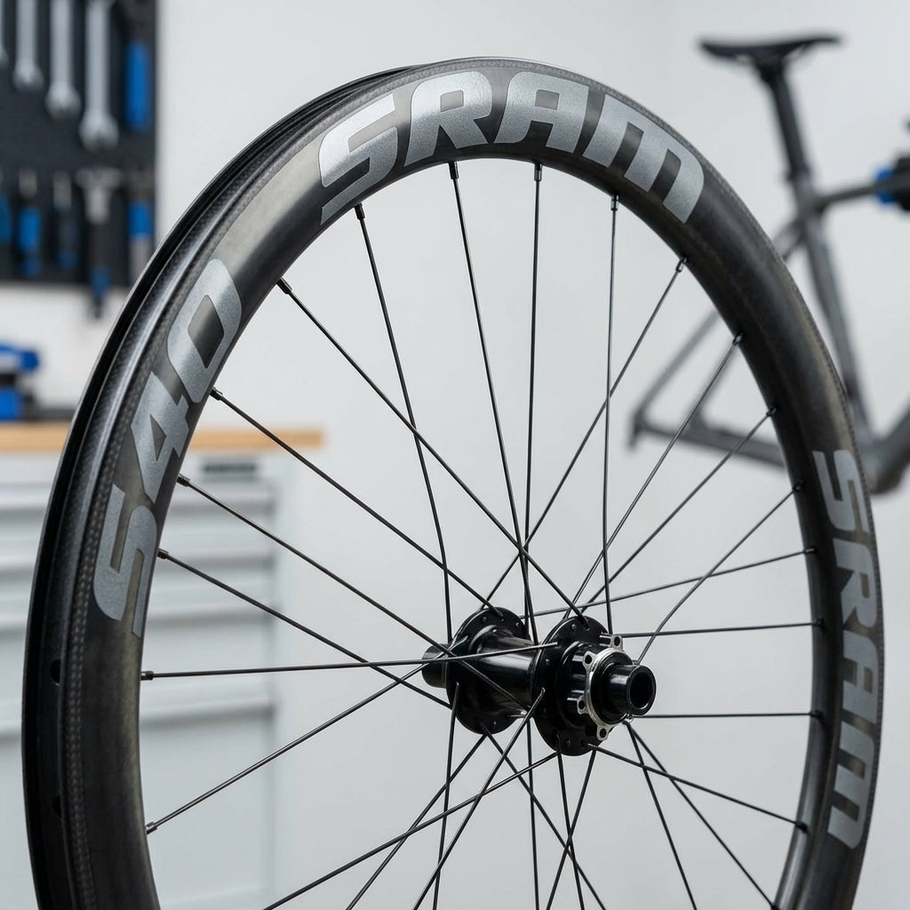 SRAM S40 Fahrradlaufrad mit grauen SRAM und S40 Aufklebern.