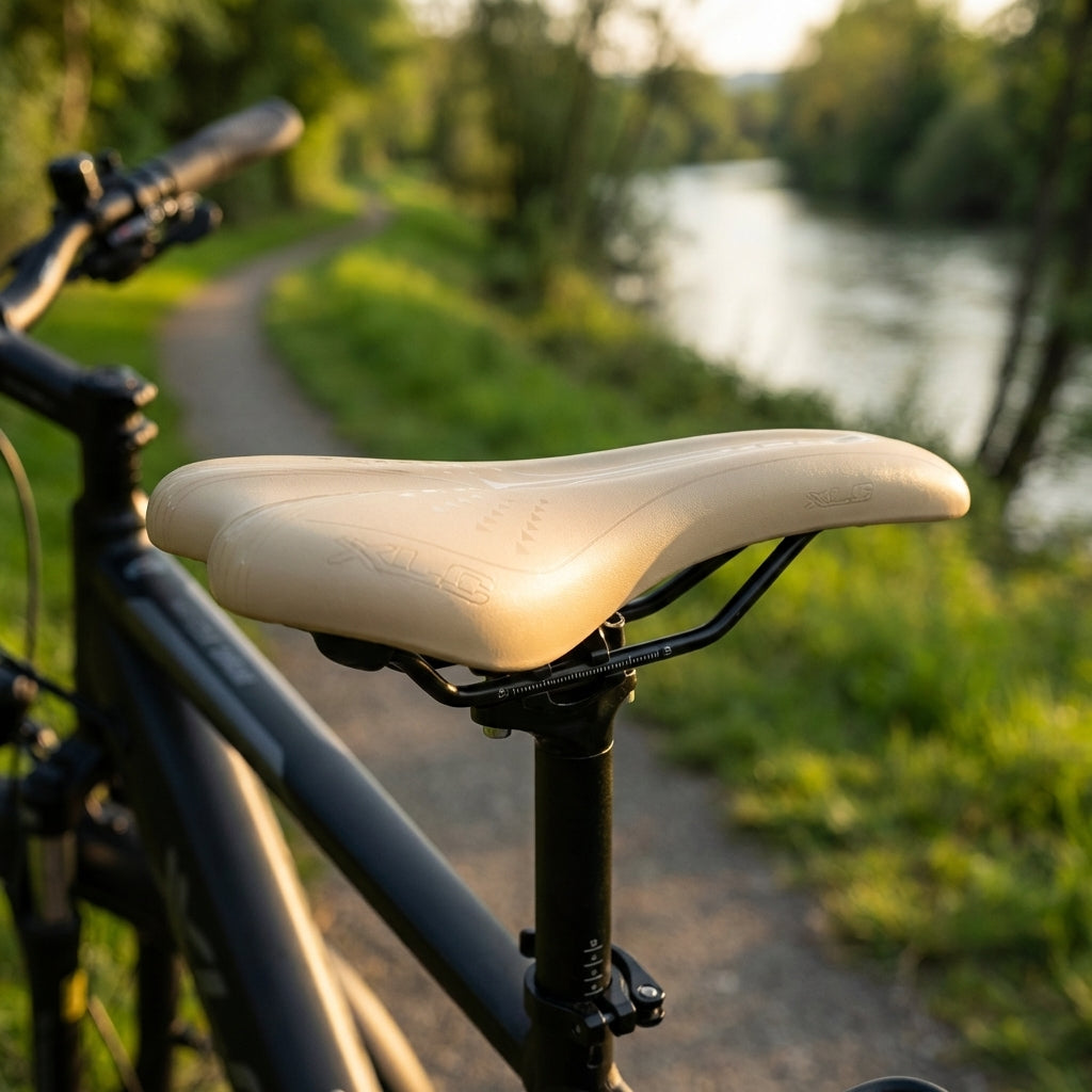 XLC Trekking-Sattel Everyday III cream Herren 277x155mm auf Trekkingrad am Flussufer im Abendlicht.