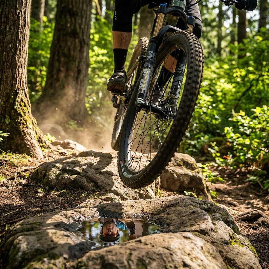 Mountainbike mit FOX 36 Rhythm Federgabel auf dem Trail. Präziser Luftschaft für moderne Ausführung.