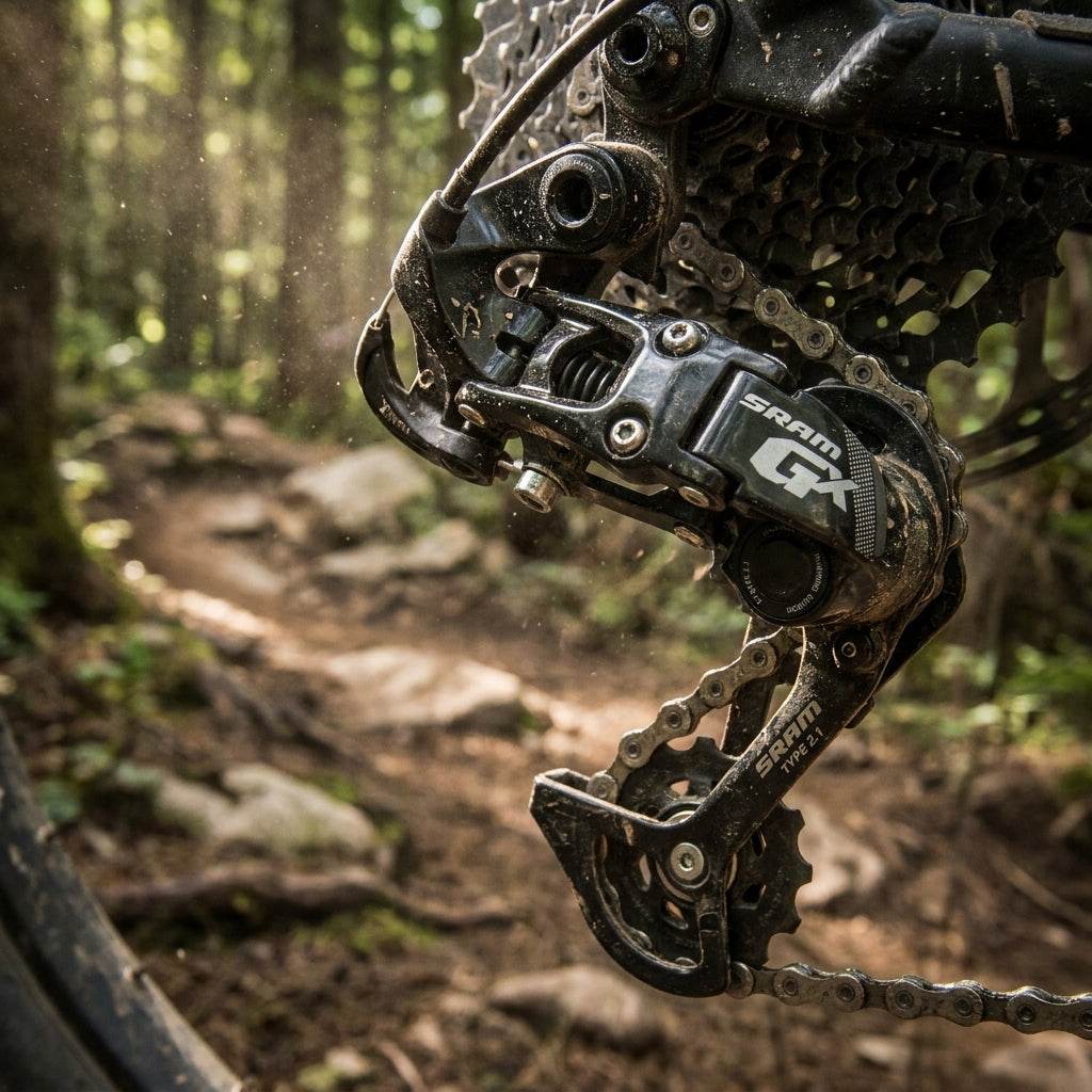 SRAM GX Type 2.1 10-fach Schaltwerk am Mountainbike auf einem schmutzigen Waldweg. Präzises MTB-Schalten im Gelände.