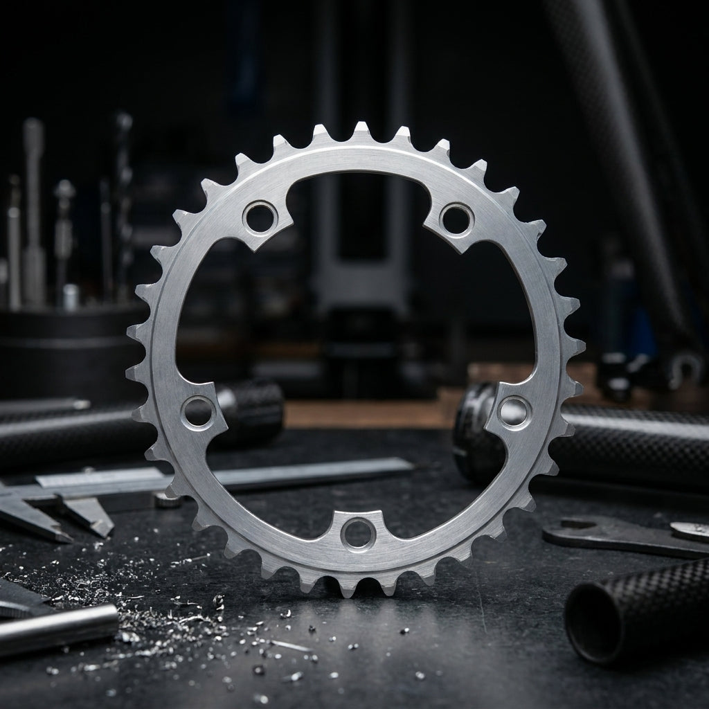 Stronglight Kettenblatt silber Lochkreis 110MM 48Z auf Werkbank mit Spänen und Werkzeug.