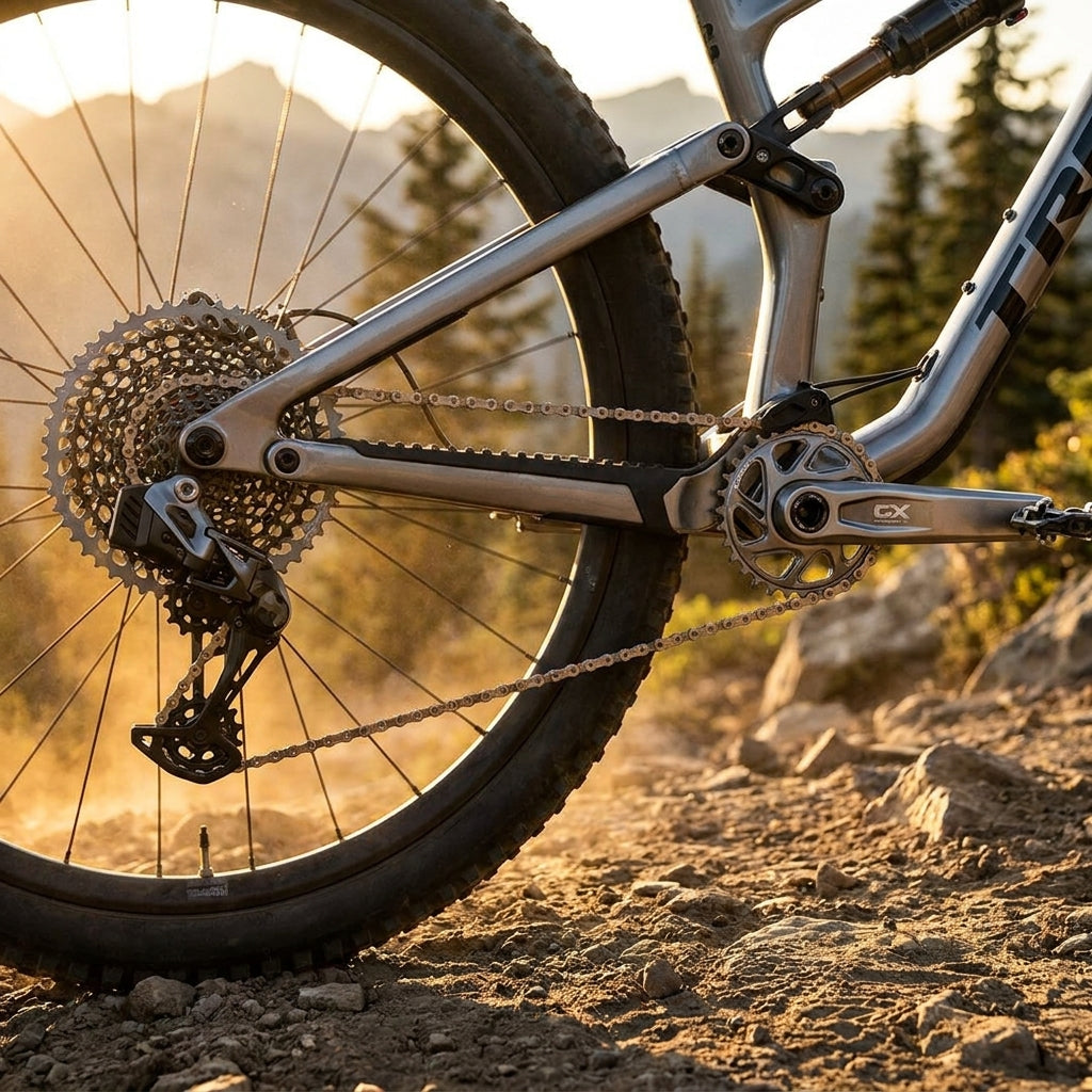 SRAM GX AXS Eagle Transmission T-Type Antriebskit, 175mm Kurbel, am MTB auf sonnigem Trail.