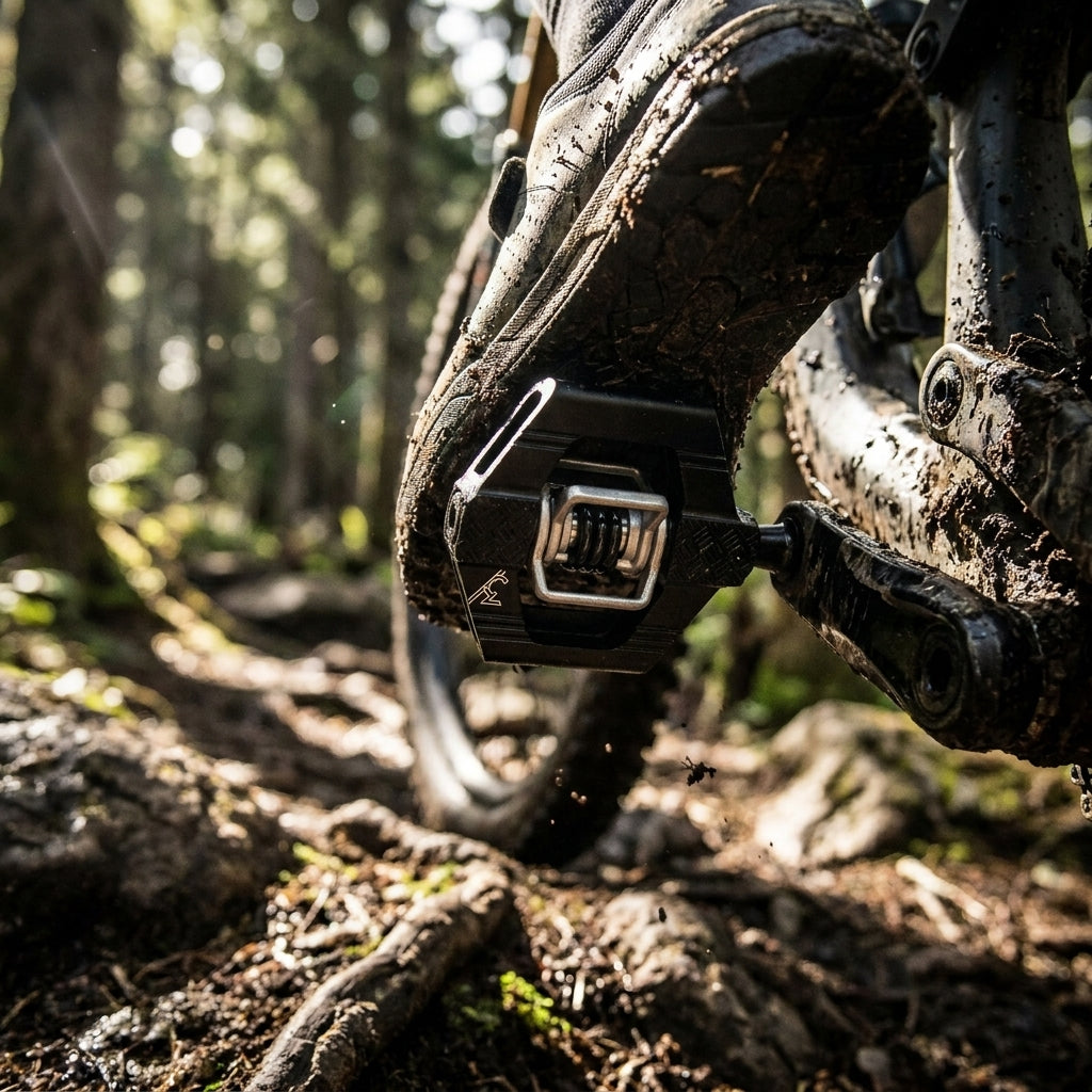 Crankbrothers Candy 3 Klick-Pedal schwarz an schlammigem Mountainbike-Schuh auf Waldweg.