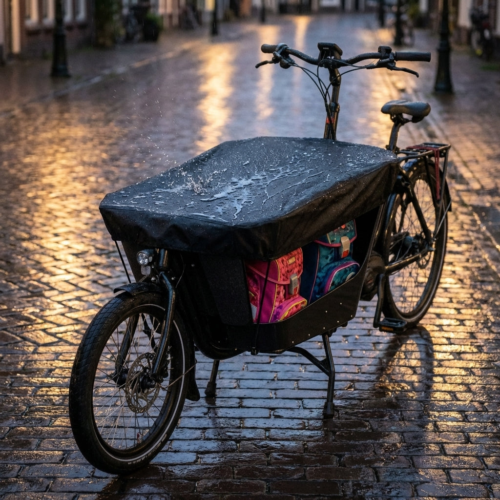 Lepper Boxabdeckung SC 02 auf Lastenrad im Regen, Wasser perlt ab, schützt bunte Schultaschen.