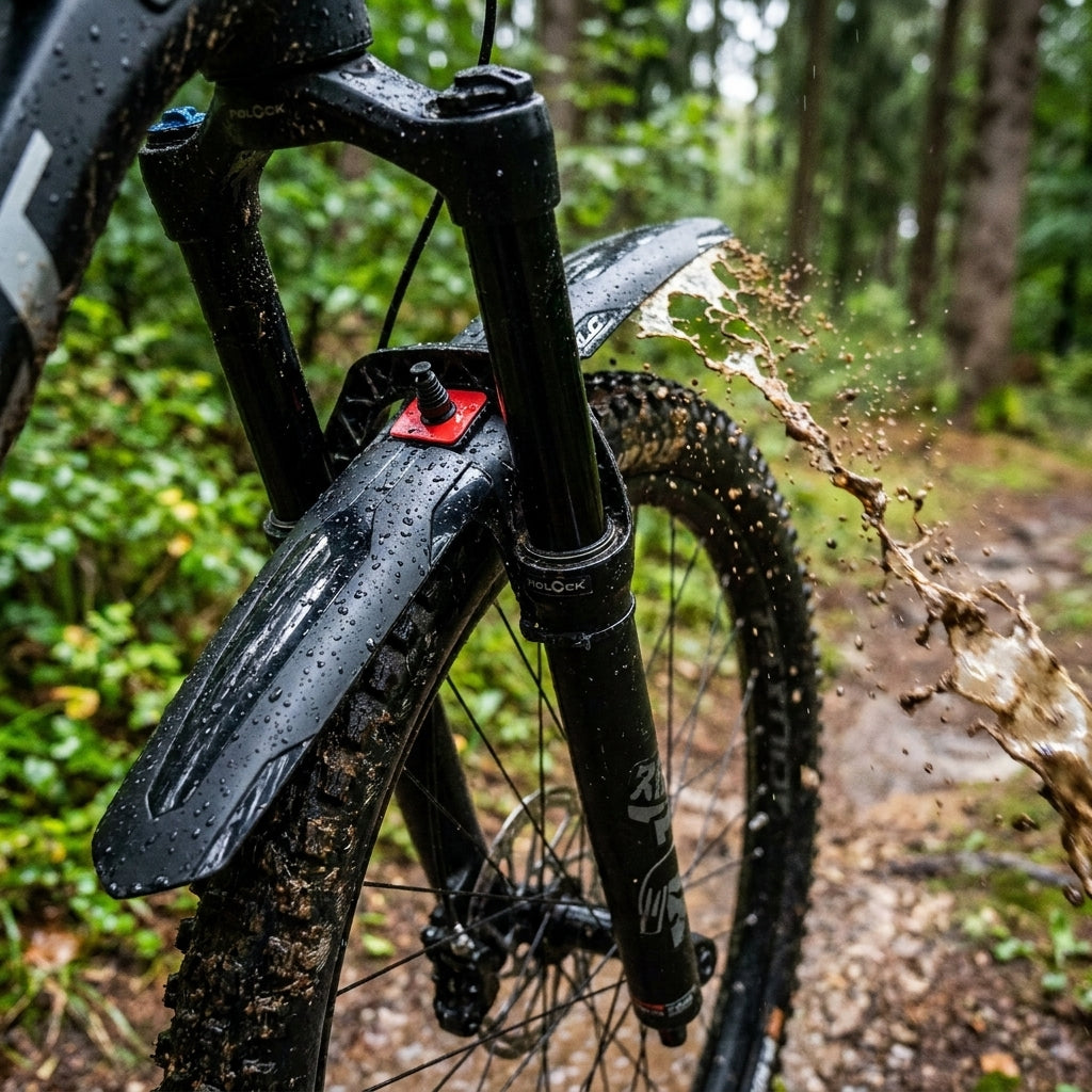 XLC Mudguard Front Spritzschutz MG-C36 26-29" schwarz am Mountainbike im schlammigen Wald, schützt vor Spritzwasser.