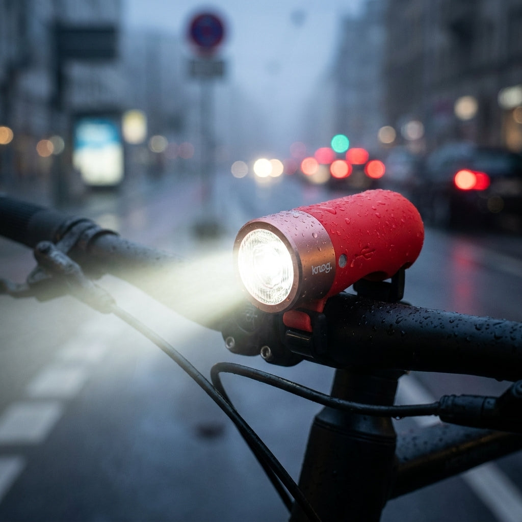 Rote Knog Plug StVZO Fahrradlampe (140 Lumen) leuchtet hell auf nassem Lenker im Stadtverkehr.