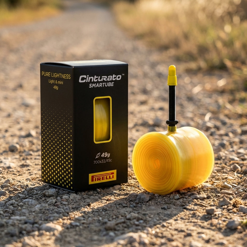 Gelber Pirelli Cinturato SmarTUBE Schlauch 49g 700x33/45c mit Presta Ventil und Box für Gravel Bikes.