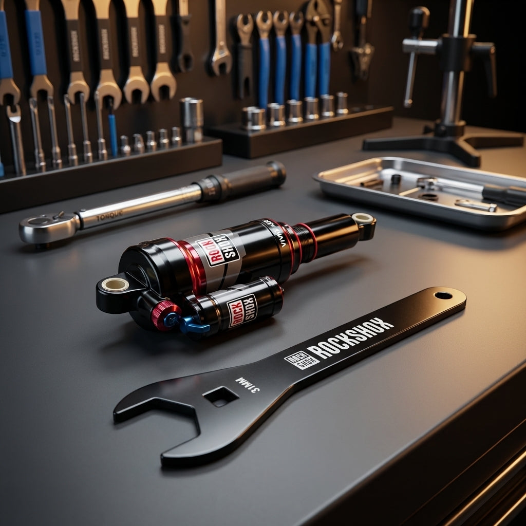 RockShox 31mm Steckschlüssel für Vivid/Air Reservoir Dämpfer und Stoßdämpfer auf Werkbank.