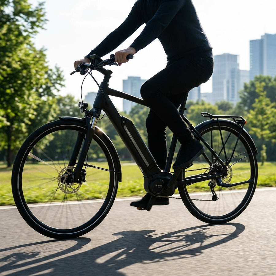 Kompakter Bosch CompactTube 400 E-Bike-Akku im Unterrohr eines schwarzen E-Bikes während der Fahrt.