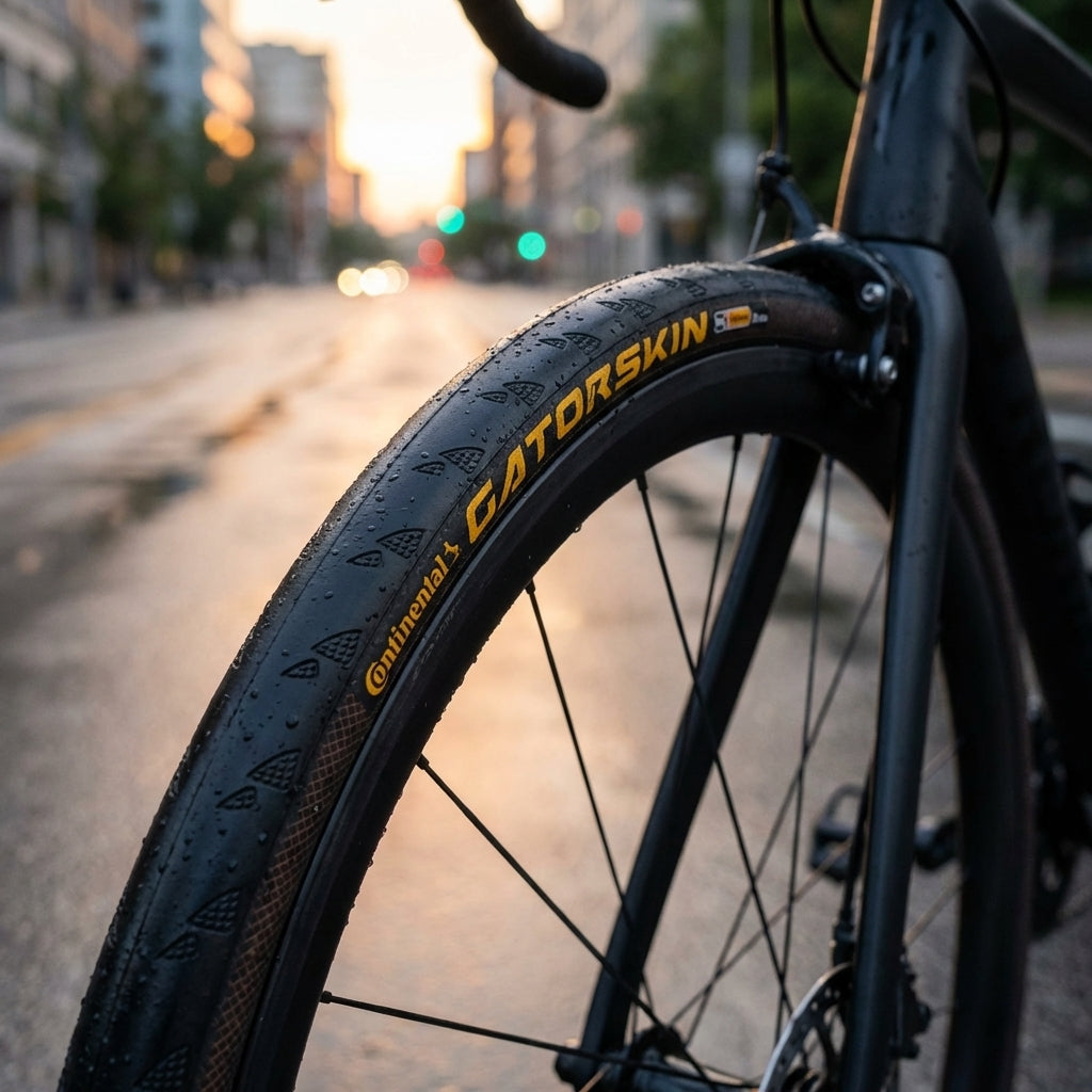 Continental Gatorskin Fahrradreifen 28x1.10 schwarz faltbar, auf nasser Straße bei Sonnenuntergang.
