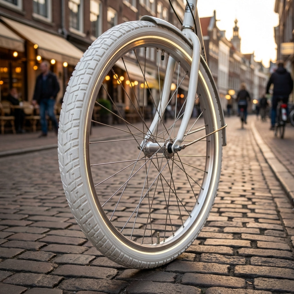 Weißer Dutch Perfect Fahrradreifen mit Reflexstreifen auf Kopfsteinpflaster, montiert am Fahrrad.