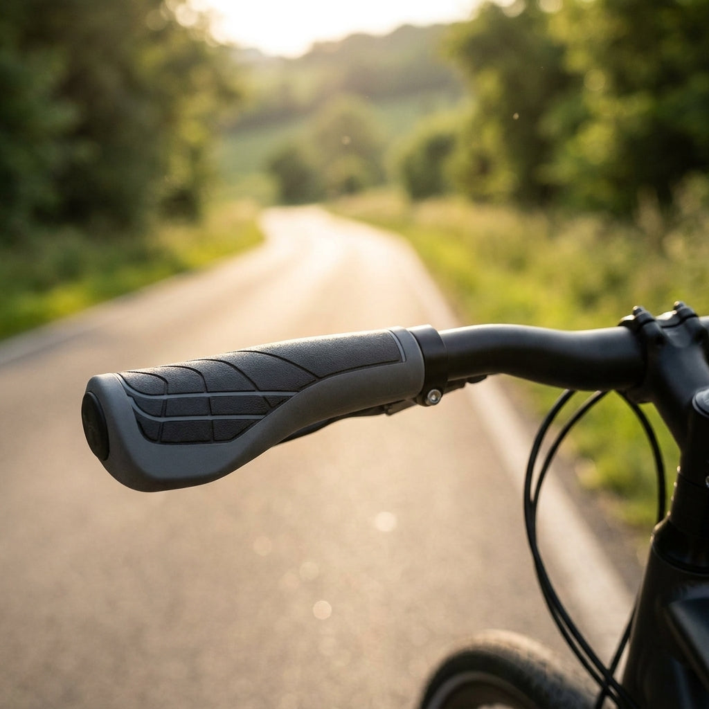 Herrmans Lenkergriffe Line schwarz/grau am Fahrradlenker auf kurviger Landstraße bei Sonnenuntergang.