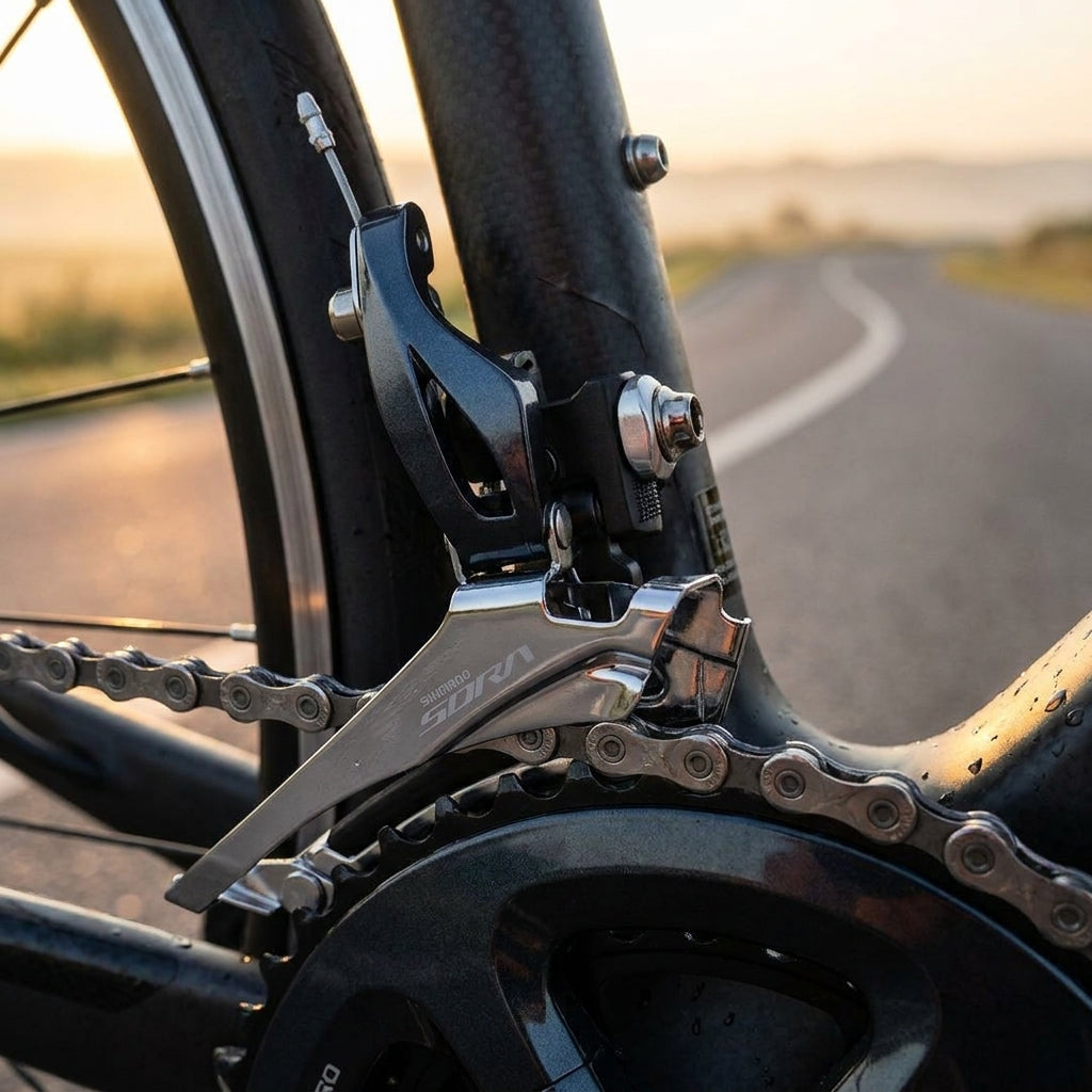 SHIMANO SORA FD-R3000 9-fach Anlöt-Umwerfer am Rennrad für präzises Schalten auf kurviger Straße.