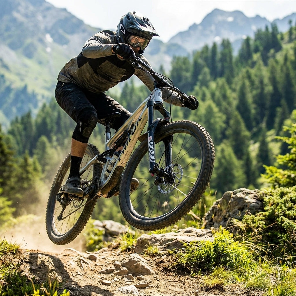 Mountainbiker springt mit RockShox Pike Charger3.1 Flight Attend C2 Gabel über steinigen Trail.
