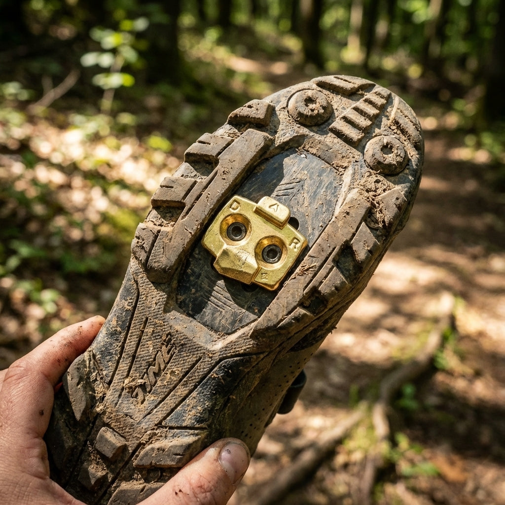 Schmutziger Mountainbike-Schuh mit goldenen TIME ATAC 13/17 V2 Pedalplatten für 13/17° Release im Wald.