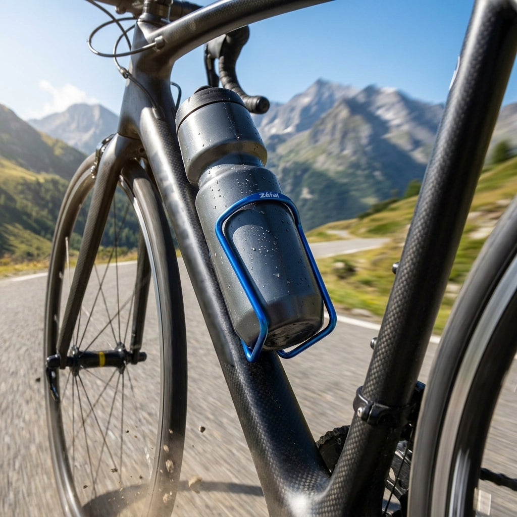 Zefal Trinkflaschenhalter blau am Fahrrad mit Trinkflasche auf kurviger Bergstraße.