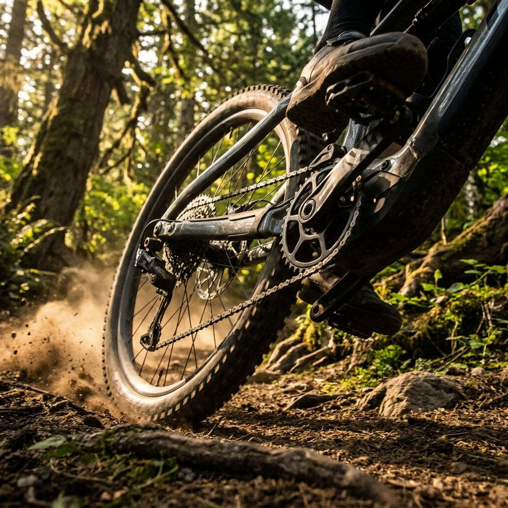 SRAM X-Sync E-MTB 2 Eagle Kettenblatt am Bosch Gen.4 E-Bike auf staubigem Waldweg.