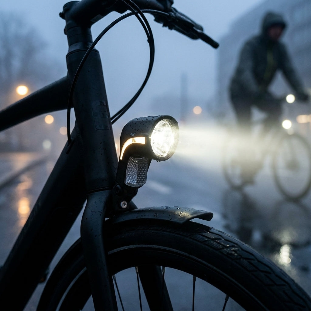 Busch&Müller Lumotec Upp T senso Dynamo-Scheinwerfer am Fahrrad leuchtet hell im Regen, Tagfahrlicht aktiv.