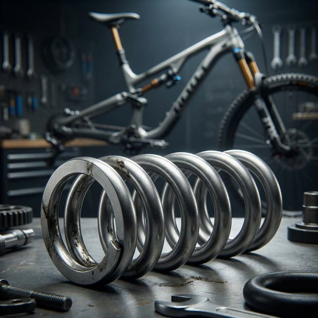 Rockshox Feder grau 400LB für Fahrrad-Hinterraddämpfer, auf Werkbank mit Bike im Hintergrund einer Werkstatt.