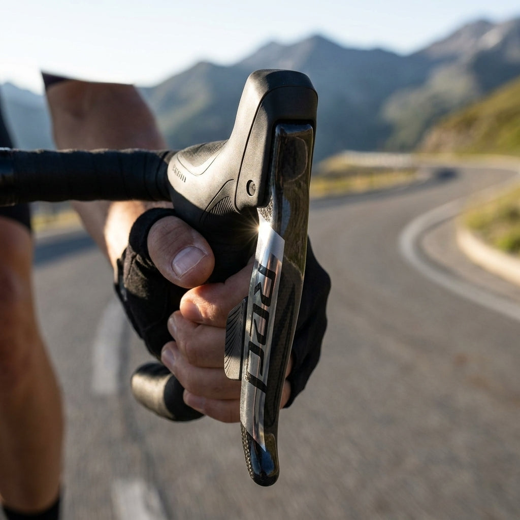 SRAM Red AXS Schalt-/Bremseinheit am Rennradlenker mit Fahrerhand und Bergstraße im Hintergrund.