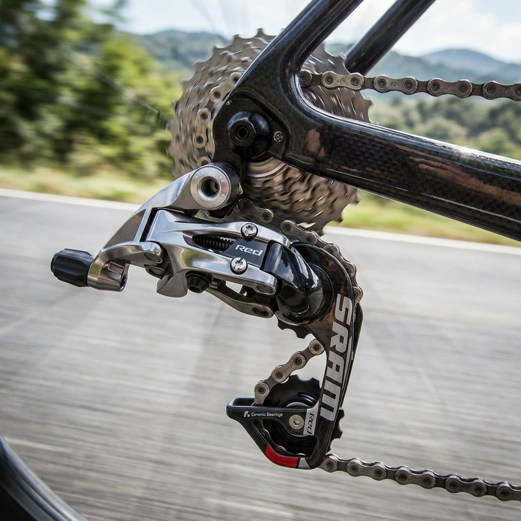 Nahaufnahme SRAM RED WiFLi AeroGlide 10-fach Rennrad Schaltwerk, mittellanger Käfig, am Carbon-Rennrad auf der Straße.