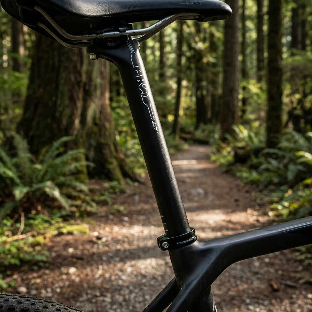 PRO LT Aluminium Sattelstütze 30.9 am Mountainbike auf sonnigem Waldpfad.