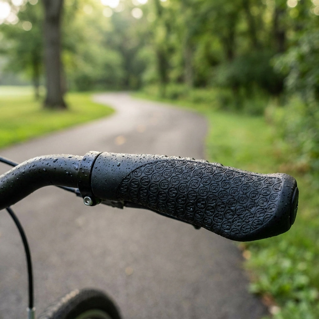 SRAM Comfort Griffe 133mm schwarz nass auf Fahrradlenker vor verschwommenem Parkweg.