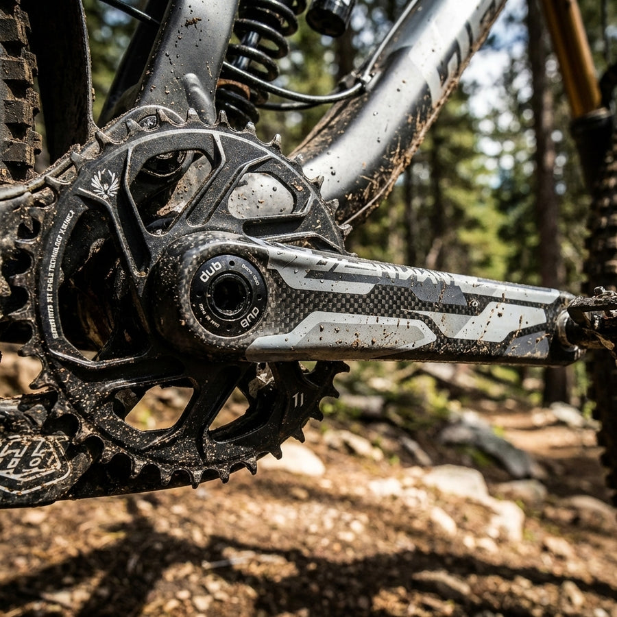 Schlammige Truvativ Descendant CoLab Troy Lee DH Carbon Kurbelgarnitur 32 Zähne X-Sync 2 DM DUB am MTB.
