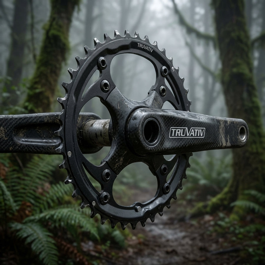 Truvativ MTB Kettenblatt 9-fach 44T Stahl mattschwarz montiert an Kurbelgarnitur im Wald.