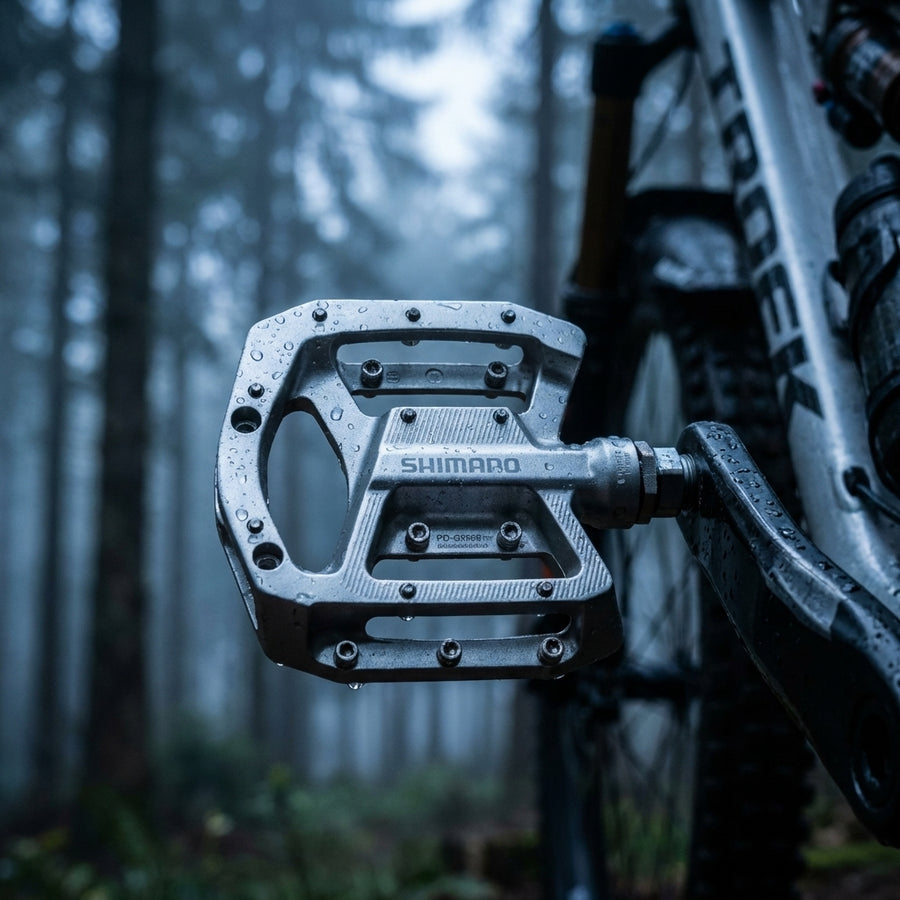 Silbernes Shimano PD-GR500 Plattformpedal für Mountainbikes mit griffigen Pins für maximalen Halt im Gelände.