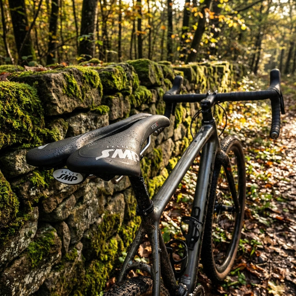 Selle SMP Sattel VT20C Gel schwarz auf Gravelbike, mit Wassertropfen, vor moosiger Steinmauer im Herbstwald.