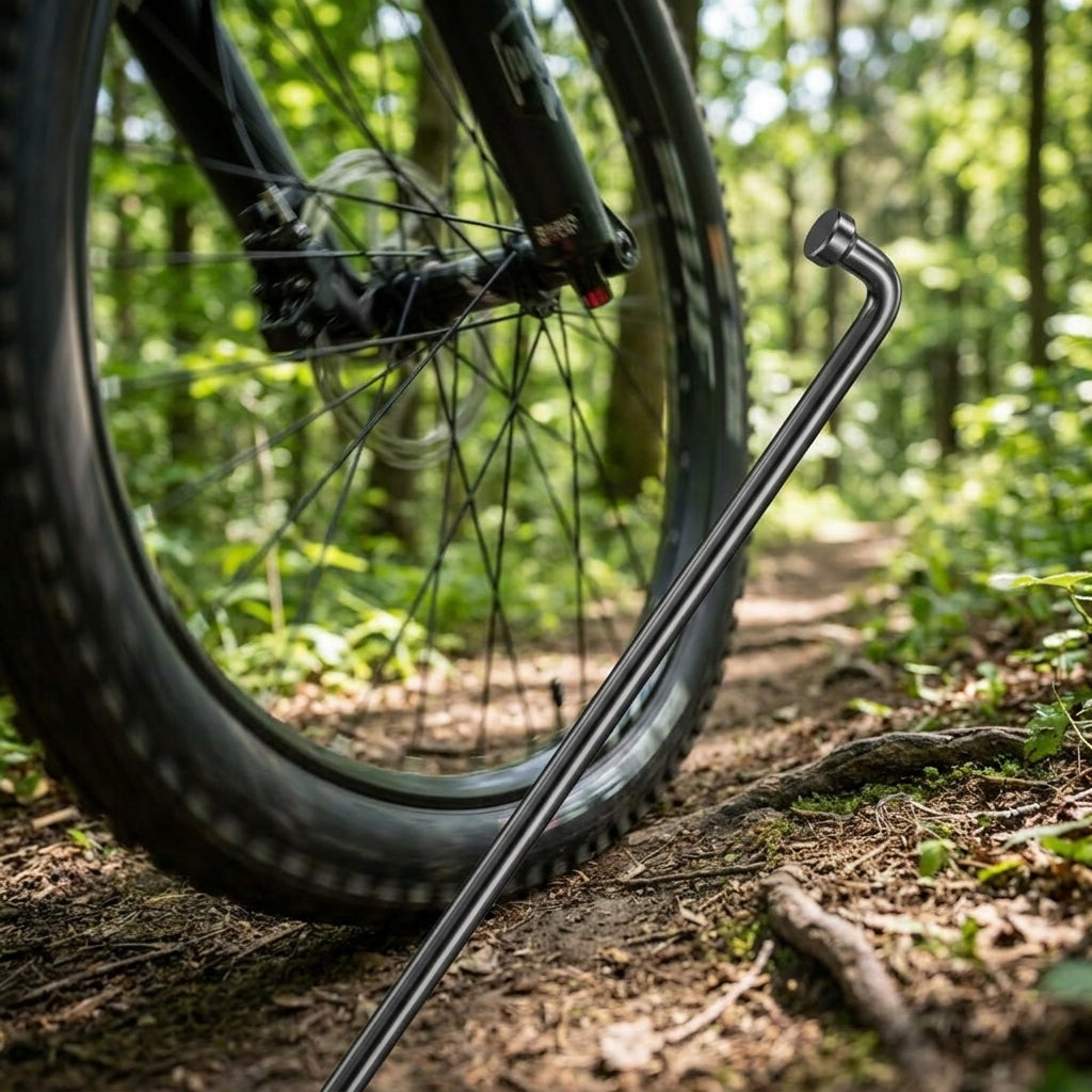 DT Swiss Champion 2.0 Allround-Fahrradspeiche schwarz, robust, auf Waldweg vor Mountainbike.